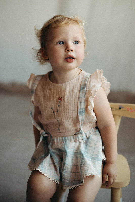 Pink plaid romper suit with removable straps-Popelin