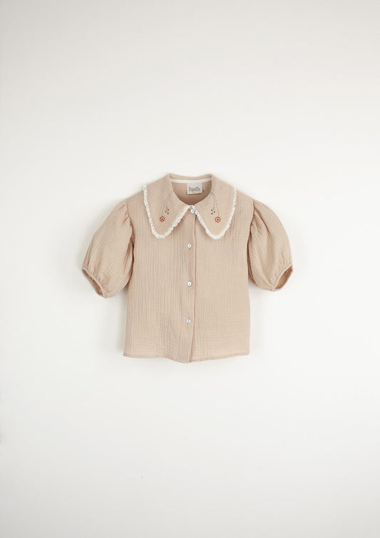 Pink organic blouse with embroidered collar-Popelin