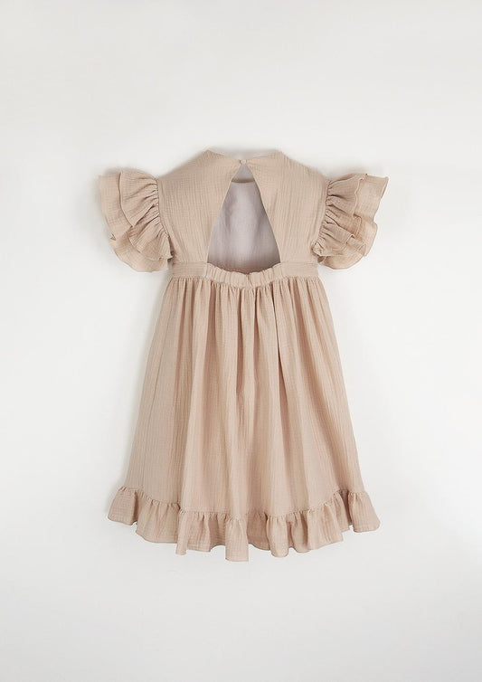 Pink organic dress with embroidered yoke and appliqué-Popelin