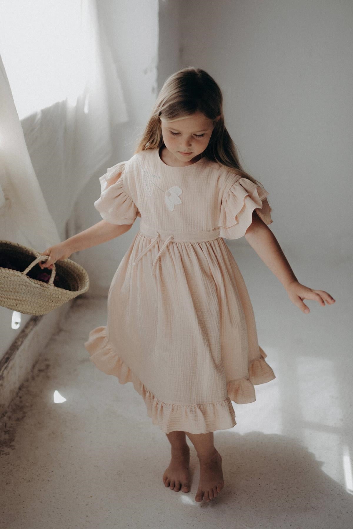 Pink organic dress with embroidered yoke and appliqué-Popelin