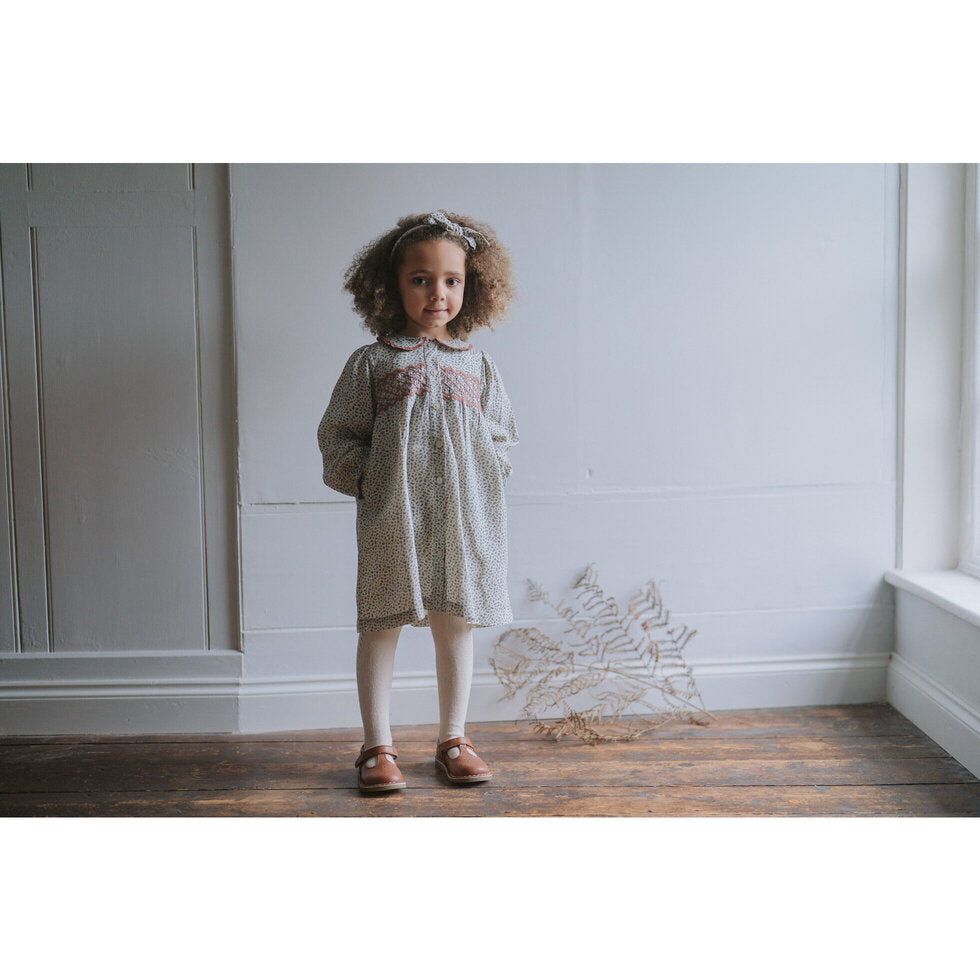 Organic Smocked Kate Dress,cowslip floral in fog-Little Cotton Clothes