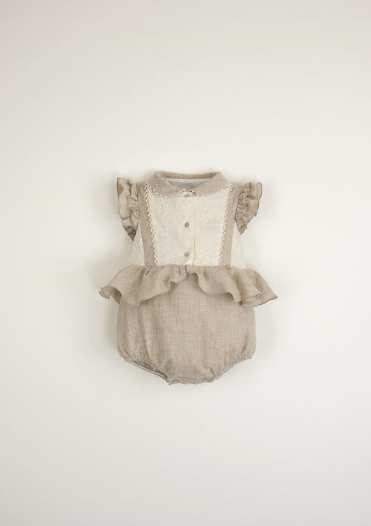 Organic sand romper suit with collar-Popelin