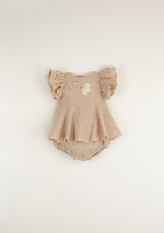 Organic pink romper suit with cape-style skirt-Popelin