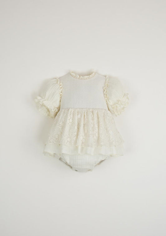 Special occasion dress-style romper suit with embroidered tulle-Popelin
