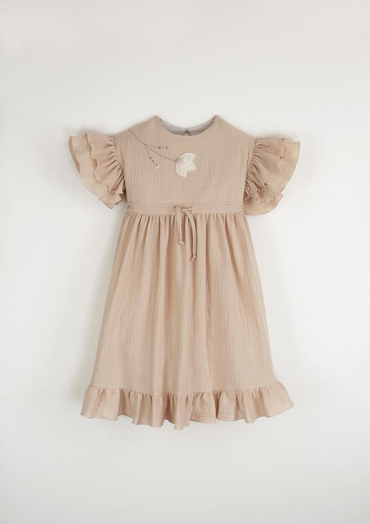 Pink organic dress with embroidered yoke and appliqué-Popelin